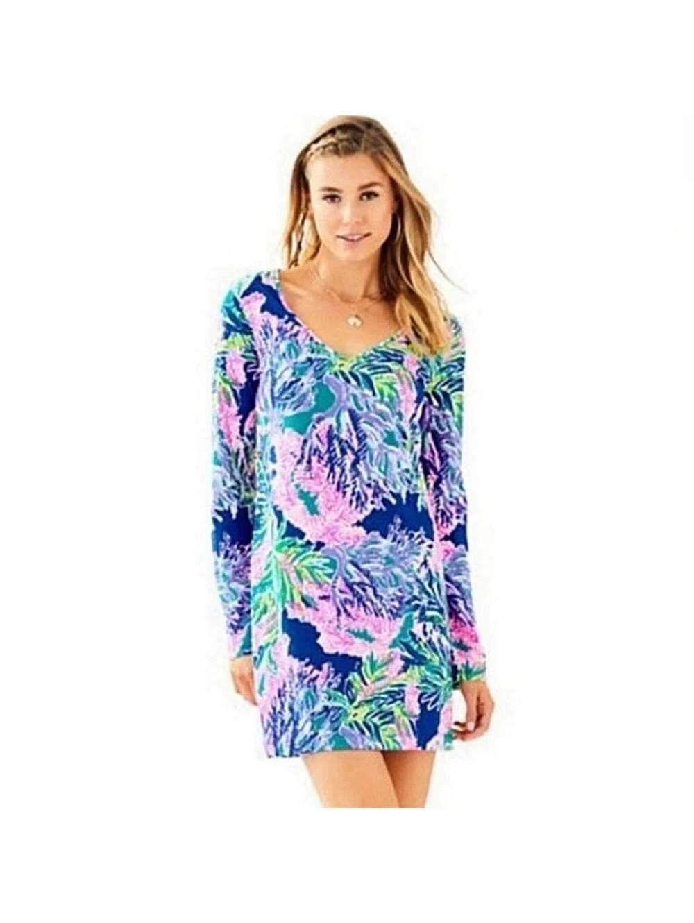 Lilly Pulitzer Beacon Fan Club Shift Dress Colorful Long Sleeve Pima L Large